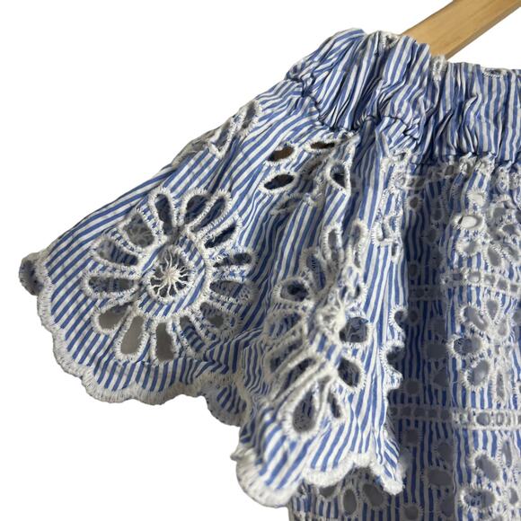 SEA New York Off-the-Shoulder Blue White Stripe Eyelet Top Size 0 - Picture 6 of 9